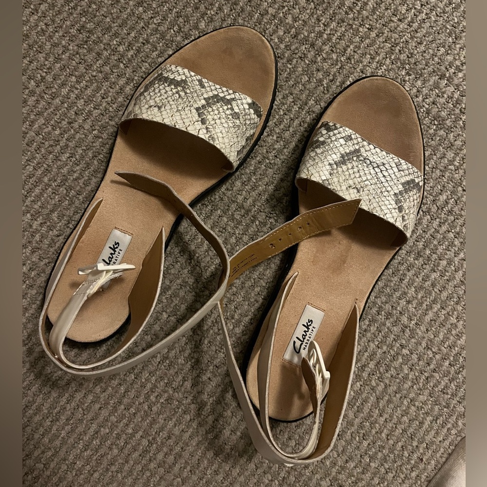Clarks Beige and Black Snakeskin Sandals